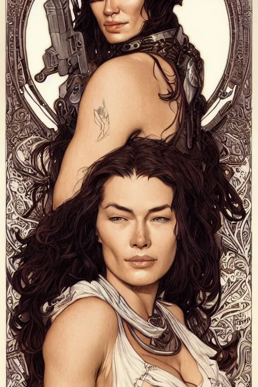 Image similar to stunning cowgirl who looks like lena headey, detailed full body portrait by james gurney and artgerm and Mucha, amazing detail, intricate, stunning inking lines, 4K, character design, concept art