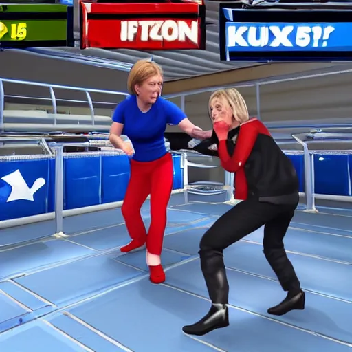 Image similar to Mortal Combat 5 screenshot of first Minister Nicola Sturgeon fighting British conservative Mp Liz Truss in battle