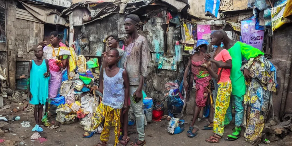 Image similar to lUFO in Ajegunle slums of lagos beaming neon rays of light,