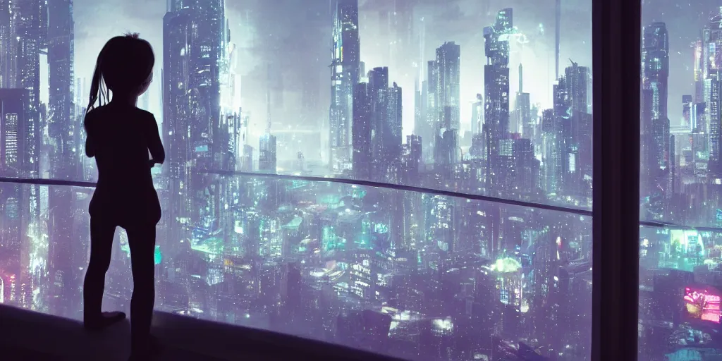 Image similar to overlooking on night city cyberpunk from floor to ceiling window, little girl, beautiful hair at the back, looking out the window, liminal, cinematic, dreamscape