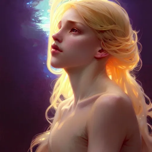 Prompt: A girl with blonde hair and glowing halo, spiritual, ethereal, dramatic lighting, fantasy, intricate, elegant, highly detailed, digital painting, artstation, concept art, smooth, sharp focus, illustration, art by Krenz Cushart and Artem Demura and alphonse mucha