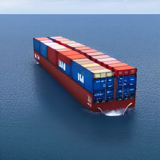 Image similar to professional high digital art hyperrealism movie still of a container vessel in the year [ 3 0 0 0 ] in the pristine ocean water. canon eos 7 d | 1 8 0 mm f 3. 5 1 / 1 6 0 0 iso 2 0 0