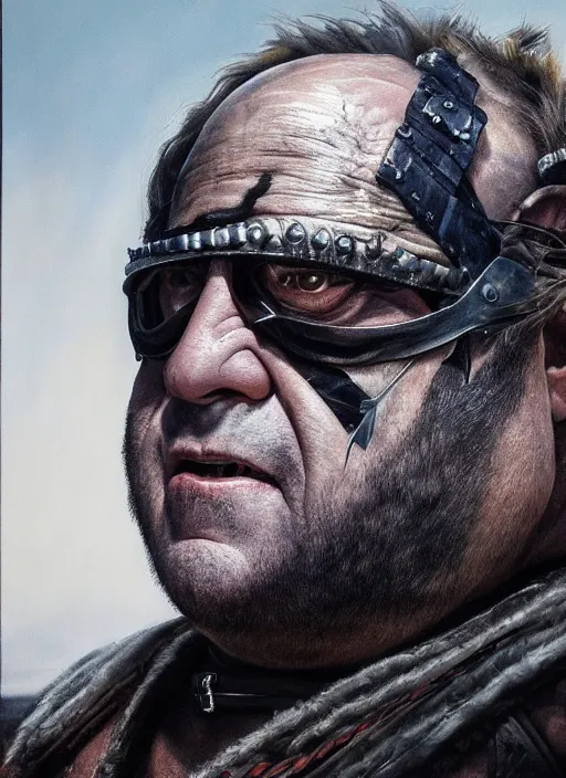 Prompt: portrait of danny devito as an evil warlord character in mad max 2 : the road warrior, film still, detailed realism face in painting, detailed beautiful portrait, oil painting masterpiece, 8 k resolution, smooth, sharp focus, trending on artstation, by rembrandt