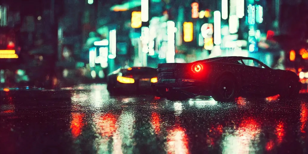 Image similar to close up macro shot of a futuristic cars on wet tokyo street at night, intricate, hyper detailed, smooth, high contrast, neon, volumetric lighting, octane, moebius, greg rutkowski, blade runner, ridley scott, cinematic