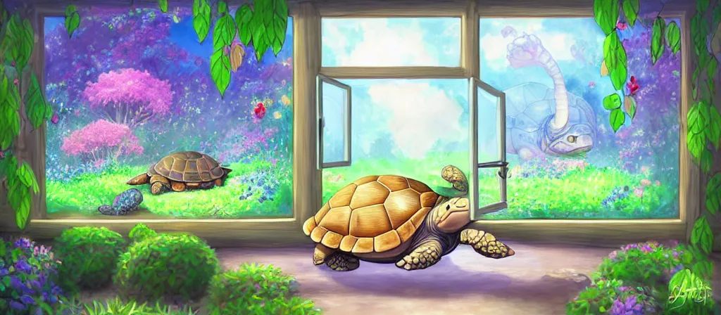 Prompt: cute adorable turtle in bed looking through a large window at a magical flower forest, digital art painting, studio ghibli, gorgeous atmosphere, highly detailed