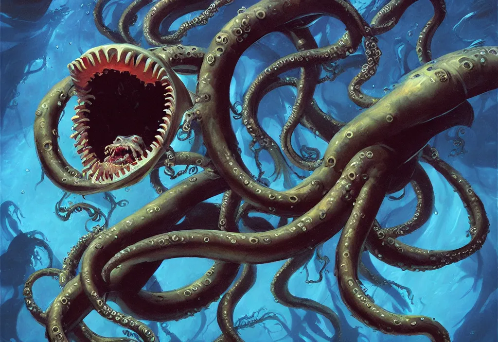 Image similar to Underwater Tentacle Pandomonium;Art by Greg Manchess, Art Direction by Jeremy Jarvis; painting spiraling inward; Deep sea horror; teeth and eyes; illustration