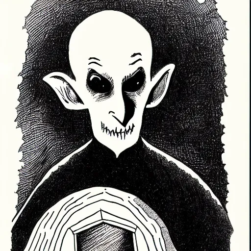 Image similar to Nosferatu sits in an igloo while drawing a self-portrait, over the shoulder view