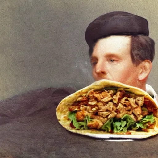 Image similar to a 1 8 5 8 colorized photo of general pitzer a union general eating a large chicken burrito with cheese and salsa