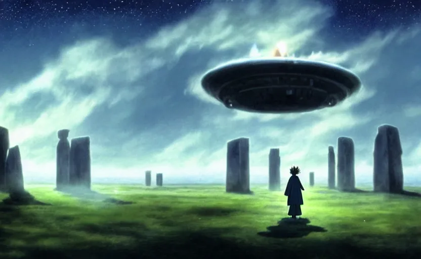 Image similar to a realistic and atmospheric cell - shaded concept art from howl's moving castle ( 2 0 0 4 ) of a ufo in the sky. a grey monk is standing in a futurist sci - fi city that looks like stonehenge in a flooded rainforest. it is a misty starry night. very dull muted colors, hd, 4 k, hq