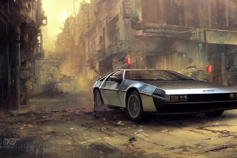 Image similar to photograph of the delorean, with a sleek spoiler, driving down the streets of a cyberpunk abandoned city, by greg rutkowski, by stanley artgerm, by alphonse mucha