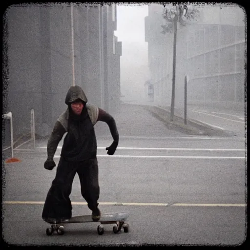 Prompt: Photo of Pyramid Head from Silent Hill skateboarding on city streets