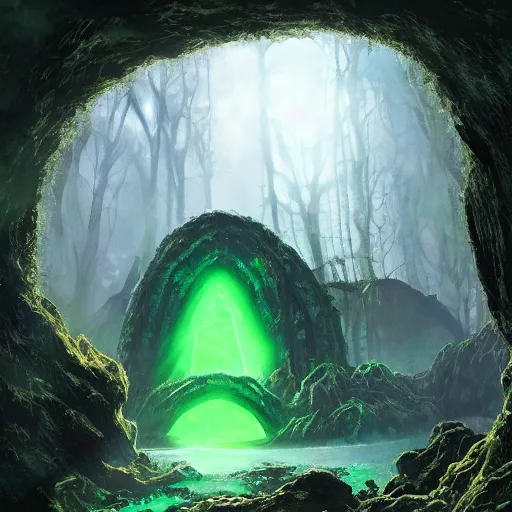 Prompt: a scary portal glowing green portal to another world in darwin's arch in the galapagos islands, elden ring landscape, d & d, fantasy, intricate, elegant, highly detailed, digital painting, artstation, concept art, matte, sharp focus, illustration, art by hayao miyazaki