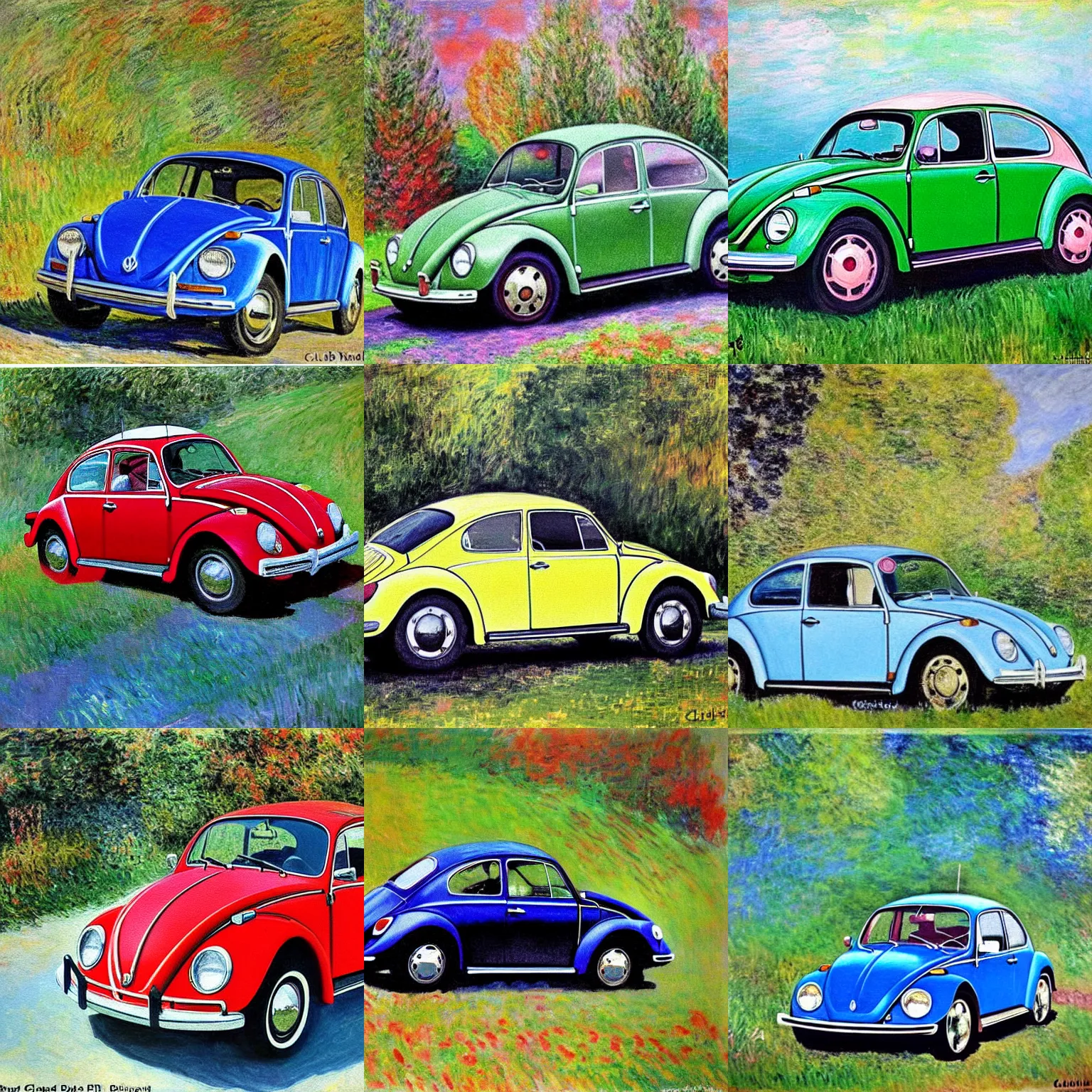 Prompt: painting of a 1970 vw beetle painted by claude monet