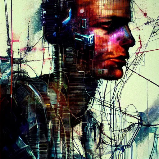 Image similar to cyberpunk lost in a glitchcore world of wires, and machines, by jeremy mann, francis bacon and agnes cecile, and dave mckean ink drips, paint smears, digital glitches glitchart