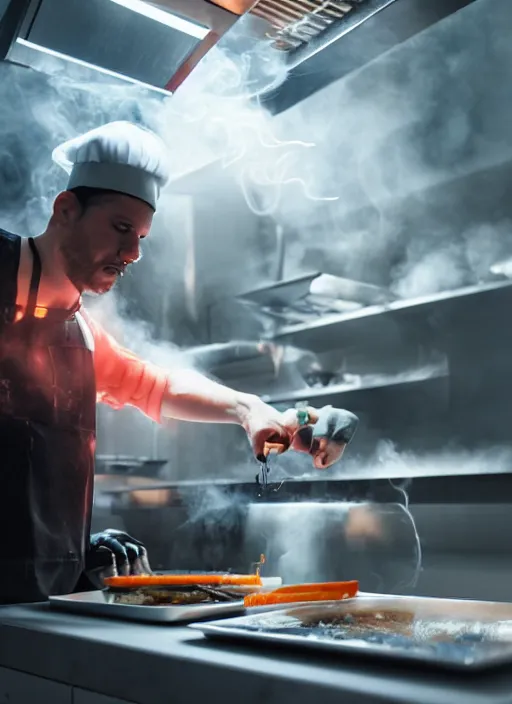 Image similar to cyberpunk chef frying up fish in a futuristic kitchen, neon lights, smoke and fire, extremely detailed and hyper realistic, octane render