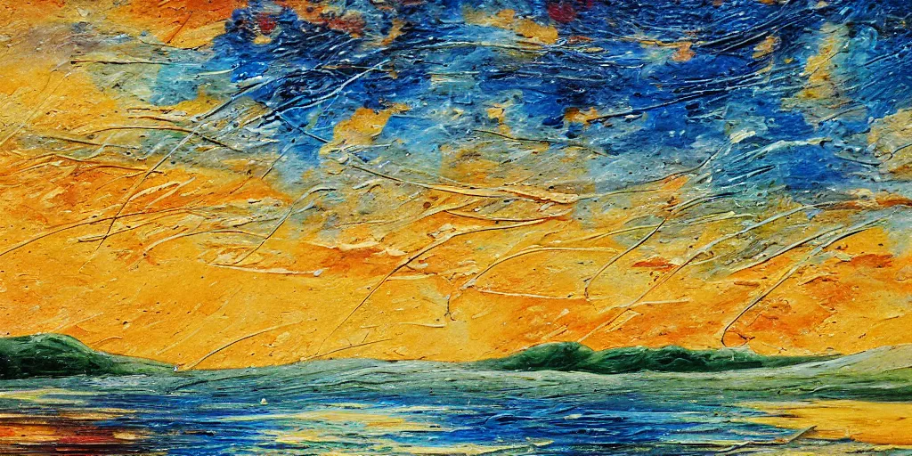 Prompt: melted, romantic painting of a landscape, thick impasto, on a poststamp