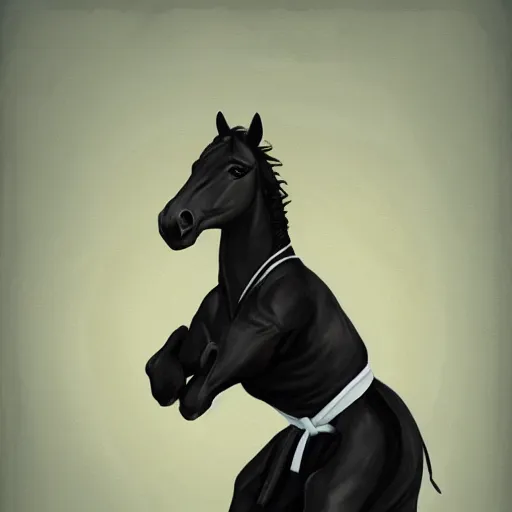 Prompt: painting of anthropomorphized horses, wearing black karate gi, doing karate, fantasy style, artstation