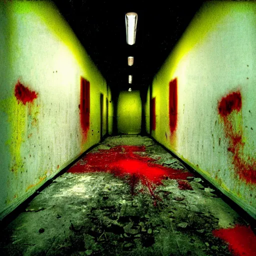 Image similar to lomo photo of ghost in abandoned hospital, red splatters on the wall, yellow floor, washed colors, dark, moody, creepy, foggy