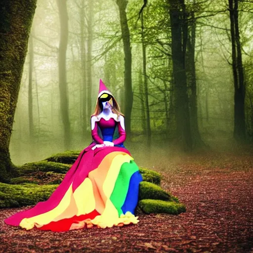 Prompt: emma watson as an elf wearing a long rainbow wedding gown sitting in a colorful forest