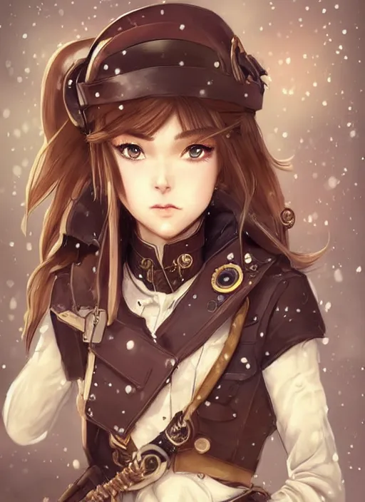 Image similar to girl with steampunk weapons and uniform, serious, intense, finely detailed, made by artgerm, ross tran, full body portrait, illustration, snow, snowing, cloudy, anime, side view, perfect anime face, realistic face, zoomed out, smooth, brown eyes, high waisted shorts, sharp focus