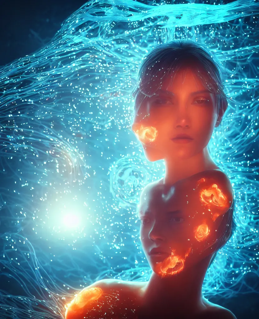 Image similar to close-up portrait of a beautiful girl floating in ethereum surrounded by floating jellyfish, energy flows of fire and water, flashes of plasma, 3d with depth of field, blurred background, a highly detailed epic cinematic concept art CG render. made in Maya, Blender and Photoshop, octane render, excellent composition, cinematic dystopian brutalist atmosphere, dynamic dramatic cinematic lighting, aesthetic, very inspirational, arthouse. y Greg Rutkowski, Ilya Kuvshinov, WLOP, Stanley Artgerm Lau, Ruan Jia and Fenghua Zhong