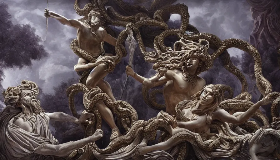 Image similar to medusa vs zeus statues. painting, intricate, 8 k, epic, portfolio, detailed and intricate environment, atmospheric lighting
