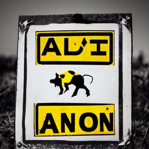 Prompt: an industrial caution sign warning against minotaurs