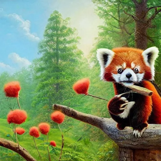 Prompt: cute red panda eating cotton candy on a lush forest floor with pretty trees, sunset, flowers, plants and grass, with the sun shining on it, oil painting in the style of Thomas Kinkaid