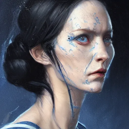 Image similar to portrait of a woman by Greg Rutkowski, blue skin, red eyes, black hair with two strand around her face, authority figure, secretary general of the galactic alliance, wearing black uniform, Star Wars Expanded Universe, highly detailed portrait, digital painting, artstation, concept art, smooth, sharp foccus ilustration, Artstation HQ