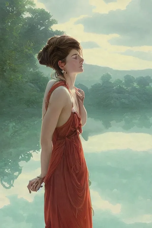 Prompt: portrait of a beautiful woman wearing a sundress at a lake, looking at camera, d & d, nice outfit, long hair, intricate, elegant, stylish, realistic, extremely detailed, digital painting, artstation, concept art, smooth, sharp focus, illustration, ambient lighting, art by artgerm and greg rutkowski and alphonse mucha and simon stalenhag