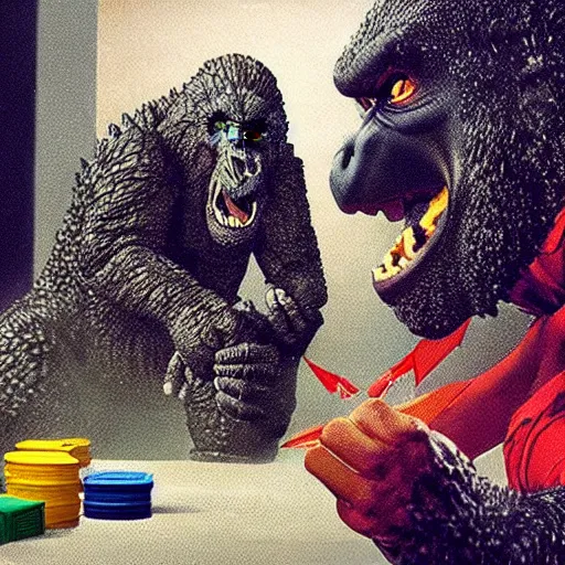 Image similar to godzilla and kong playing uno