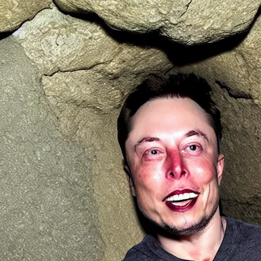 Image similar to photo inside a cavern of a wet reptilian humanoid rapper elon musk partially hidden behind a rock, with black eyes, open mouth and big teeth