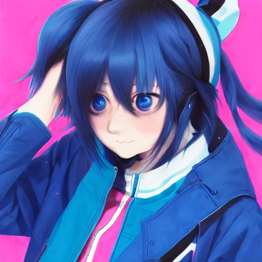 Image similar to ene from mekakucity actors, wearing blue jacket, blue pigtails, cool color palette, digital art by aramaki shinji, by artgerm, by cushart krenz, by wlop, colorful, insanely detailed and intricate, hypermaximalist, elegant, ornate, hyper realistic, super detailed