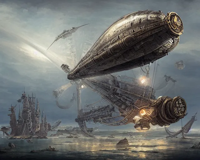 Image similar to legendary steampunk airship in medieval planet sky, alien technology, cinematic, highly detailed, smogpunk engines with sails, scifi, intricate digital painting, interesting angle artstation, by johnson ting, jama jurabaev