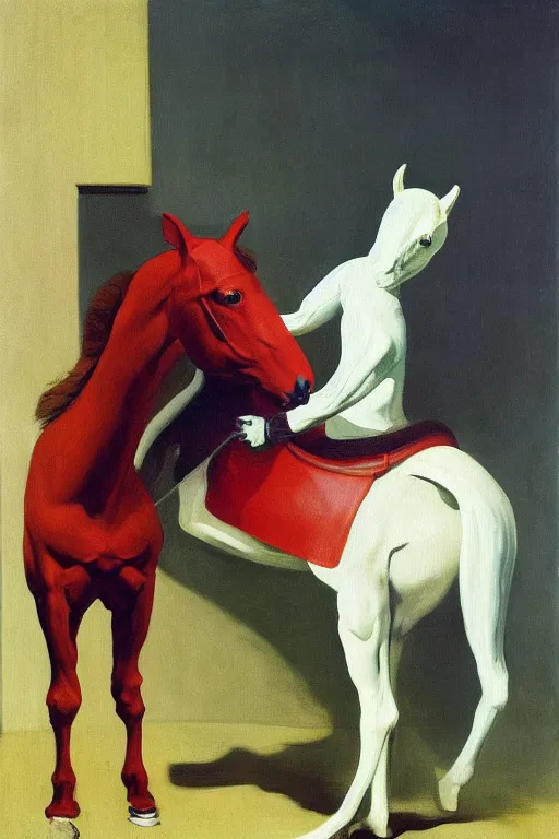Image similar to man in horse costume, horse in costume astronaut, hauntingly surreal, highly detailed painting by francis bacon, edward hopper, adrian ghenie, gerhard richter, and james jean soft light 4 k,
