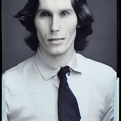 Image similar to A photograph portrait of Jerma985 with medium length wavy hair, a combover and wearing late 1970s popped collared menswear in the late 1970s, taken in the late 1970s, grainy, taken on a 1970s Polaroid Camera, realistic, hyperrealistic, very realistic, highly detailed, very detailed, extremely detailed, detailed, digital art, trending on artstation, front facing, front view, headshot and bodyshot, detailed face, very detailed face