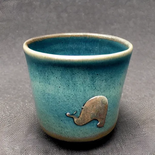 Prompt: raku tea cup, as elephant, horse hair, raku metallic