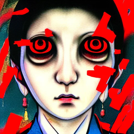 Image similar to yoshitaka amano blurred and dreamy realistic three quarter angle horror portrait of a sinister young woman with short hair, big earrings and red eyes wearing office suit with tie, junji ito abstract patterns in the background, satoshi kon anime, noisy film grain effect, highly detailed, renaissance oil painting, weird portrait angle, blurred lost edges