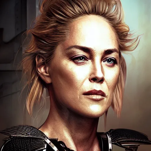 Prompt: sharon stone portrait, dystopia core, apocalyptic, armor, warrior, dramatic, sharp focus, fiction, neon, fantasy, hyper detailed, digital art, trending in artstation, cinematic lighting, studio quality, smooth render, unreal engine 5 rendered, octane rendered, art style and nixeu and wlop and krenz cushart