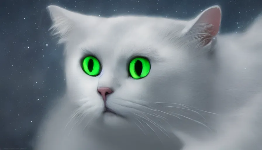 Image similar to white cat with green eyes, moon, snow, shiny, hyperdetailed, artstation, cgsociety, 8 k