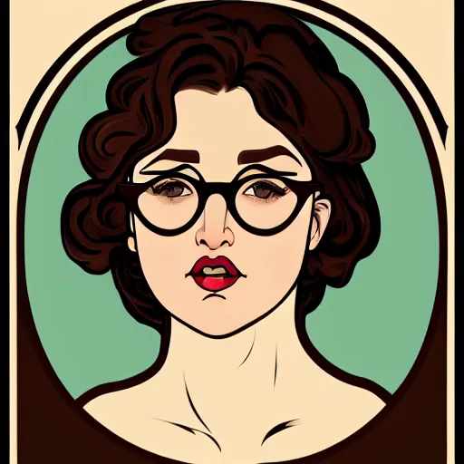 Prompt: portrait of a curvy stocky romanian woman, brown hair, messy bob, brown eyes, romanian, laugh lines, round face, round nose, white glasses, glasses, white reading glasses, librarian, wide shot, digital art, alphonse mucha, loish, art nouveau, 8 k, trending on artstation