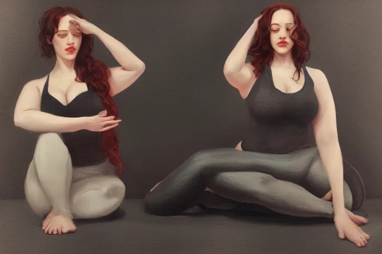 Prompt: A portrait of Kat Dennings and Christina Hendricks doing yoga poses Ruan Jia and Mandy Jurgens and Artgerm and william-adolphe bouguerea, highly detailed, trending on artstation, award winning, H 768