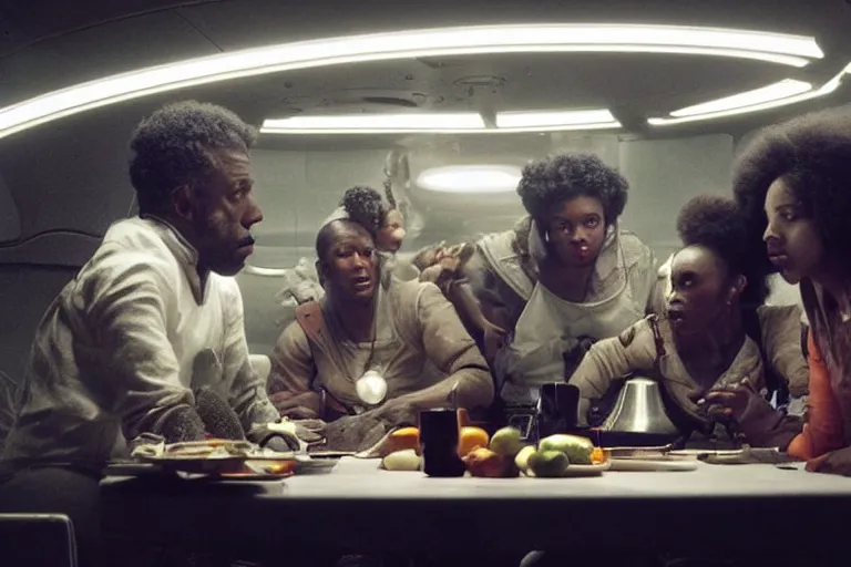 Prompt: movie closeup diverse interracial small team of European sci-fi futuristic space explorers talking at the table in a spaceship kitchen, beautiful skin, Symmetrical faces. Beautiful lighting by Emmanuel Lubezki