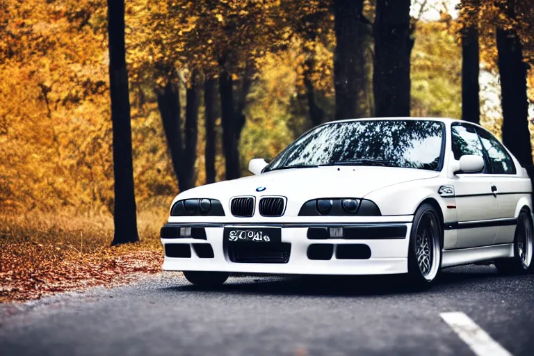 Image similar to A BMW e36 parked in a road with trees, autumn season, Epic photography, taken with a Leica camera, 50 mm, depth of field, bokeh