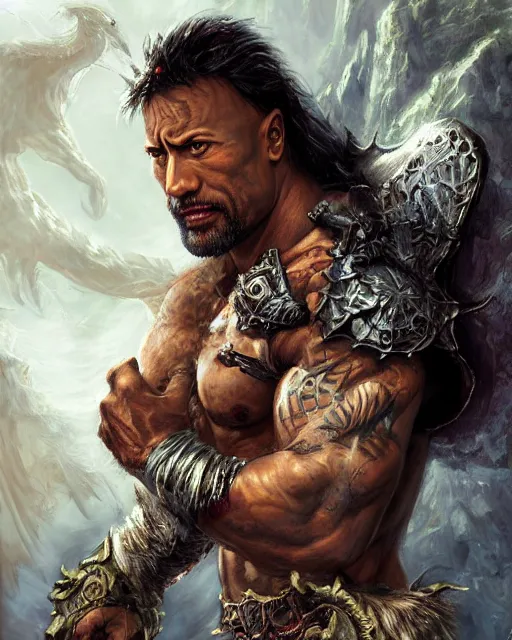 Image similar to dwayne johnson, dnd, high fantasy. royo, artgem, wlop