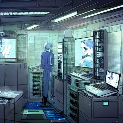 Prompt: a computer server room that looks well lived - in. in the style of gits mamoru oshii. r / corecyberpunk