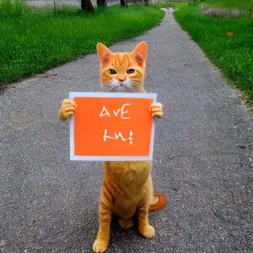 Image similar to cute orange tabby cat that holds a sign that says