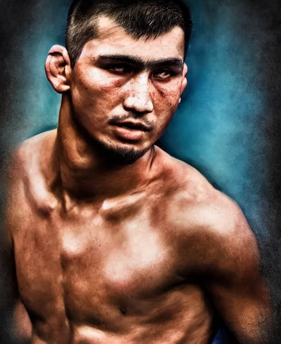 Image similar to heroic portrait of a handsome young mexican ufc fighter, art by denys tsiperko and bogdan rezunenko, hyperrealism