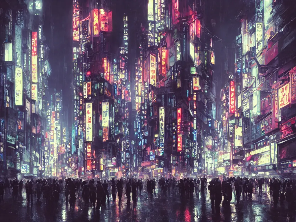 Image similar to a photorealistic hyperrealistic sci - fi rendering of gigantic tall highly detailed alien biomechanical tripods in a crowded tokyo, shinjuku street crossing at night, beautiful dramatic moody lighting, bladerunner, bright colorful neon signage, wet streets, reflections by greg rutkowski, james paick, wlop, volumetric lighting, cinematic atmosphere, artstation, 8 k