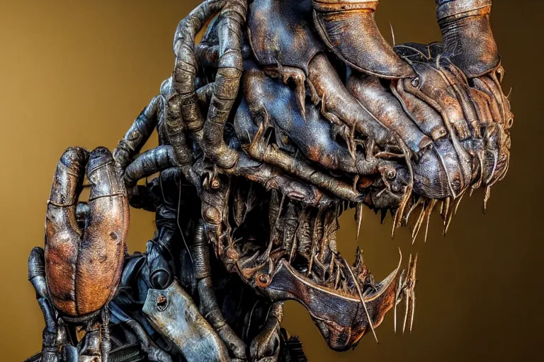 Image similar to photo taken of an epic intricate, ultra detailed, super realistic gritty, hero prop, exquisitely weathered animatronic movie prop of a lifelike sculpture of a nightmarish creature displayed in the workshop, created by weta workshop, full body shot, photorealistic, sharp focus